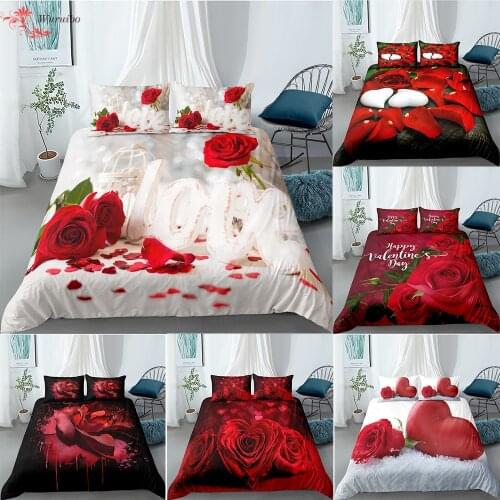Homesky Valentines Day Wedding Flower Bedding Set 2/3 Pcs Luxurious Rose Heart Love Duvet Cover Queen Twin King Size Pillowcase