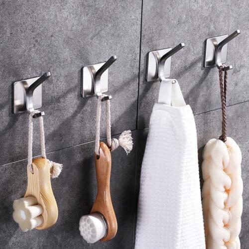 4PCS Towel Hooks Self Adhesive Coat Robe Hooks Bathroom Sticky Hanging Wall Hook Stainless Steel Brushed