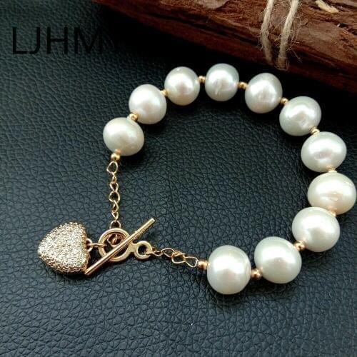 LJHMY 8'' Big White Keshi Pearl CZ Pave Pendant Bracelet