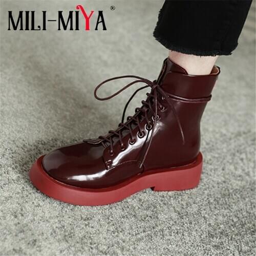 MILI-MIYA Size 34-40 Women Full Genuine Leather Women Ankle Boots Zipper Lace-Up Solid Color Motorcycle Boots For Ladies