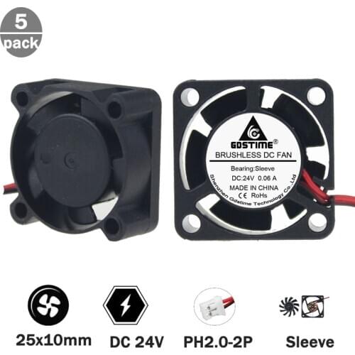 Gdstime 5 pcs 2Pin 2.0 Two Wires 25mm x 25mm x 10mm 2510 24V fan Brushless Small DC Cooling Fan 25x25mm Mini Cooler