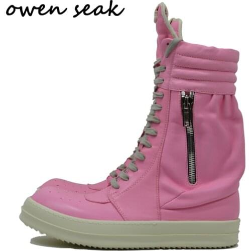 Owen Seak Women Motorcycle Leather Men High-TOP Luxury Mid-Calf Winter Riding Boots Lace Up Casual Brand Zip Flats Black Shoes