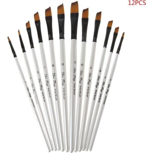12Pcs Artist Paint Brush Set Nylon Bristles Watercolor Acrylic Oil Painting Slant Flat Round Pointed Pen Tip Wood Handle Art Acc