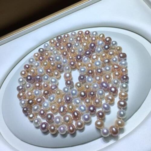 New Fashion Simple 7-8MM White Pink Purple Multicolor Natural Freshwater Pearl Sweater Chain Long Necklace 160CM