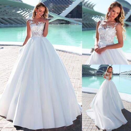 Delicate Tulle & Satin Bateau Neckline A-line Wedding Dresses Beading Sash Lace Up Bridal Dress vestidos de casamento