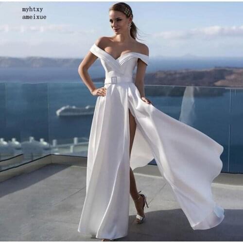A Line Beach 2021 Off The Shoulder Vestido De Noiva Side Split Abiti Da Sposa Simple Boho Plus Size Wedding Dress Wedding Gowns