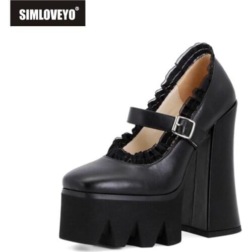 SIMLOVEYO 2021 Thick Sole Pumps Mary Janes Ruffles Round Toe Platform Punk Buckle Strap 15cm Chunky Heel US12 Black White A4352