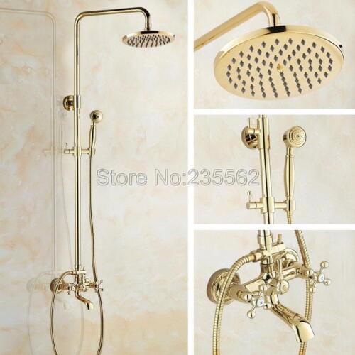 Gold Color Brass Bathroom Rain Shower Faucet Set with Wall Mounted Tub Mixer Tap lgf344