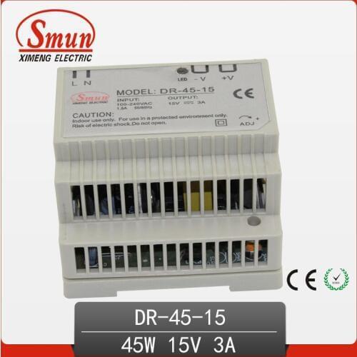 SMUN 45W 15V 3A Single Output AC-DC Indoor Din Rail Switching Mode Power Supply DR-45-15 With CE ROHS