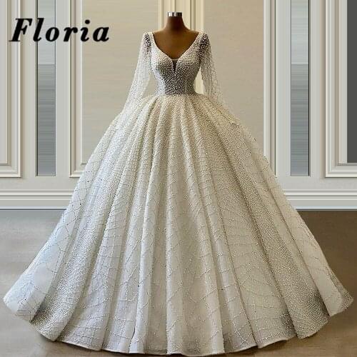 Gorgeous Pearls Wedding Dresses Saudi Arabia Beading Bride Dresses 2021 Robe De Mariee Dubai Long Sleeve Women Bridal Gowns