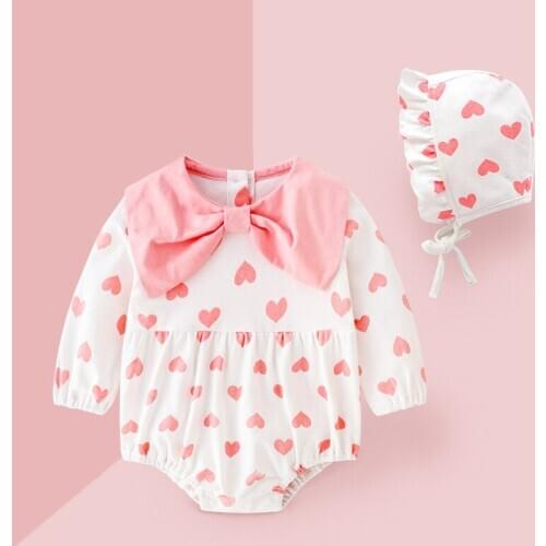 Spring Newborn Baby Clothes Long Sleeve Bow tie Jumpsuits Cotton Triangle Rompers full printed Love princess clothing cap suits