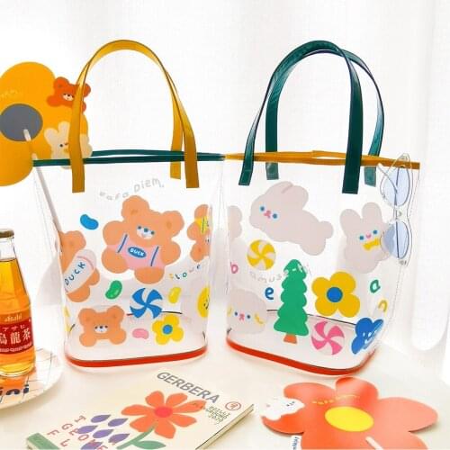 Waterproof Clear Handbag Girls Rabbit Transperant Travel Beach Bag Women Daily Wash Bags Cute Bear Shoulder School Storage Bag