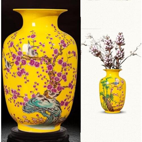Yellow Porcelain Light Luxury Home Decoration Simple Modern Insert Craft Cherry and Bird Bamboo Antique Ceramic Flower Vase
