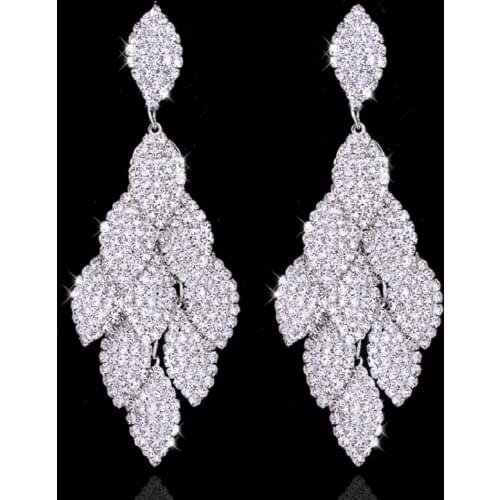1 Pair Popular Long Pendant Shining Crystal Earrings Leaves Rhinestone Bride Wedding Accessories Dance Party 171106-2