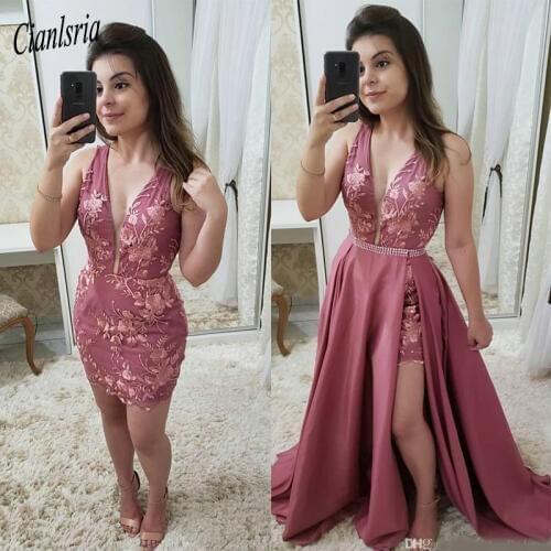 2020 Dusty Rose Detachable Train Prom Dresses V Neck Sleeveless Plus Size Lace Applique Beaded Cocktail Dress