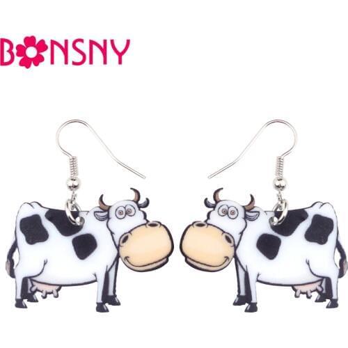Bonsny Acrylic Cute Cartoon Cow Dairy Cattle Earrings Big Long Dangle Drop Farm Animal Jewelry For Women Girls Ladies Kids Bulk