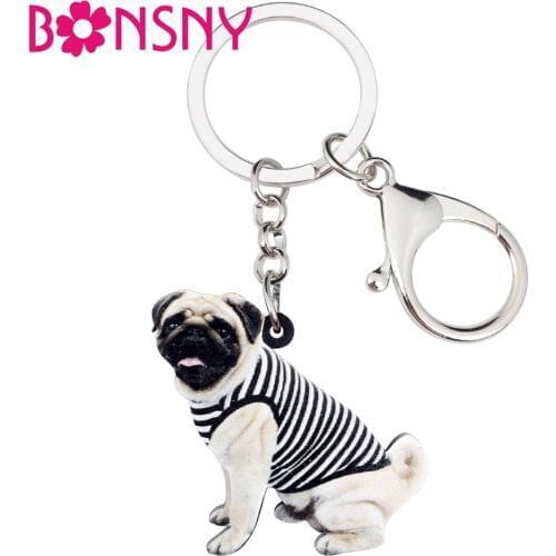 WEVENI Acrylic Vest French Bulldog Pug Dog Key Chain Keychain Ring Cute Animal Jewelry For Women Girls Teen Bag Car Purse Charms