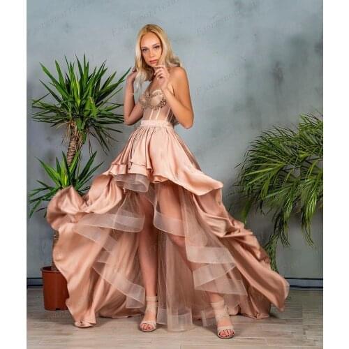 Asymmetrical A-Line Sweetheart Satin Prom Dresses Sleeveless High Low Ruffles Evening Gowns Vestidos De Cóctel sweet 16 dress