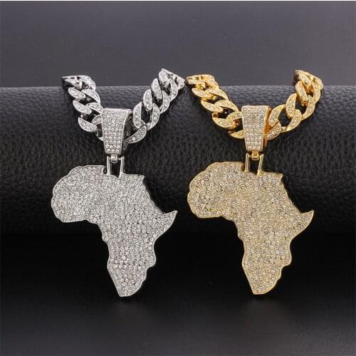 Silver Color/Gold Color Africa Map With Flag Pendant Chain Necklaces Rhinestone Hip Hop Necklace Party Jewelry Gift