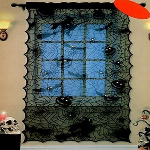 107*203cm Black Lace Curtain Halloween Light Window Cover Spider Web Witch Bat Halloween Fabric Pumpkin Party Decoration