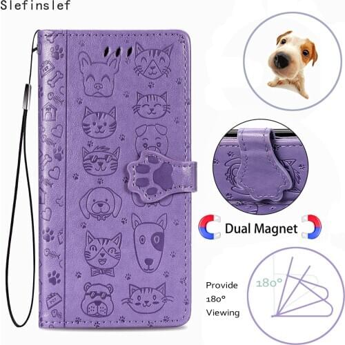 Flip Leather Case for iPhone SE 2020 12 Pro XR XS Max 7 8 Plus 6S Cases Cat & Dog Embossed Pouch Bags Cover for iPhone SE 2020