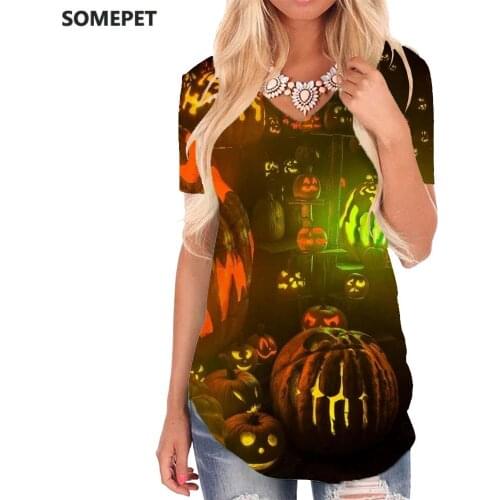SOMEPET Halloween T Shirt Women Pumpkin Tshirts Printed Cosplay V-neck Tshirt Party Funny T shirts Womens Clothing Hip hop Loose