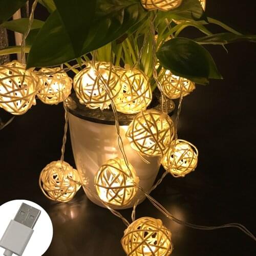 Rattan Ball String Lights 2M 20Led USB Power Warm White Fairy Light Holiday Lighting For Party Christmas Wedding Home Decoration