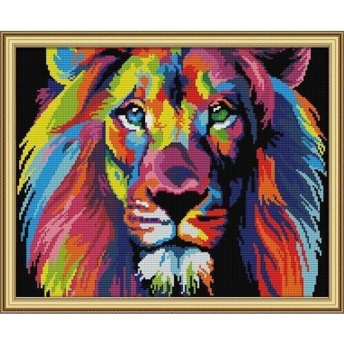 Hh TOP Coloured lion cross stitch kit aida 14ct 11ct count print canvas stitches embroidery DIY handmade DA189