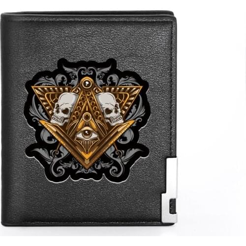 Classic Masonic Eye Skull Printing Mens Wallet Leather Purse For Male Credit Card Holder Short Slim Bifold Wallet Pocket