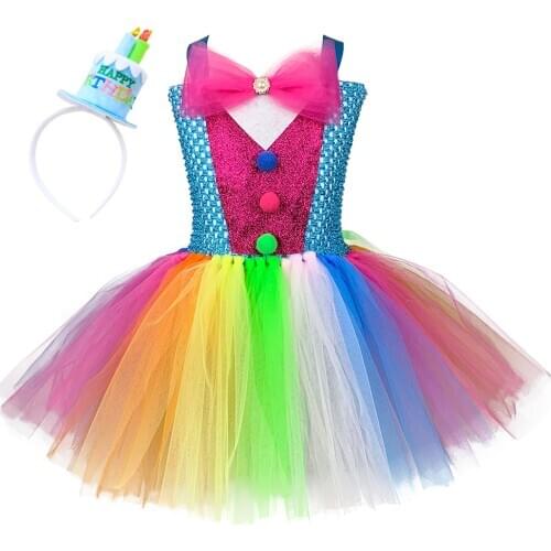 Girls Clown Costume Rainbow Fluffy Fancy Dress for Kid Birthday Party Children Halloween Carnival Pageant Clown Dress Up Clothes