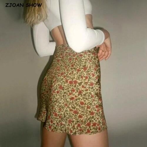 Summer Women Contrast color Floral Print Mini Skirt Vintage Package Hips Short Skirts Side Zipper