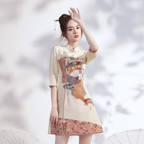 Young modified cheongsam dress small short slim Chinese style retro girl temperament daily skirt