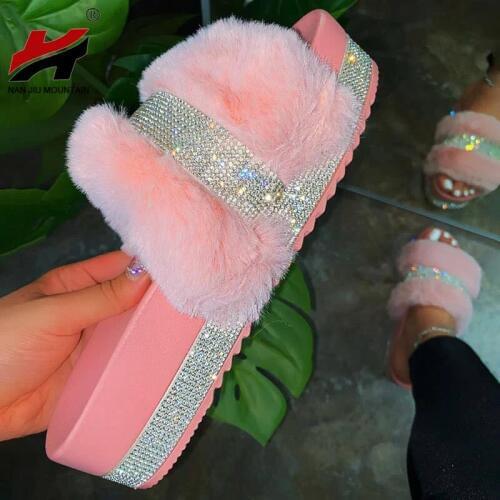 NAN JIU MOUNTAIN 2020 Womens Shoes Open Toe Plush Slippers Outdoor Flat Sandals Solid Color Rhinestones Fashion Plus Size 43