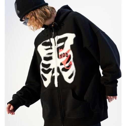 Autumn E-girls Clothes Gothic Punk Black Zipper Loose Oversized Hoodie Womens Hip-hop Cool Skeleton Print High Street Sweatshirt