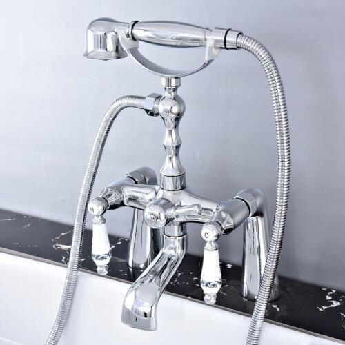 Polished Chrome Deck Mounted Bathroom Tub Faucet Dual Handles Telephone Style Hand Shower Clawfoot Tub Filler atf766