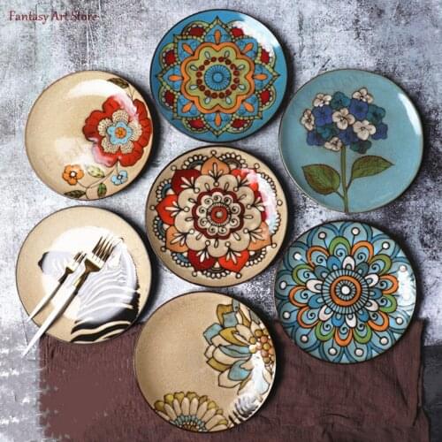 8.5-inch Hand-painted Colorful Tableware Plate Underglaze Ceramic Tableware Dessert Tray Flower Tableware Microwave Safe