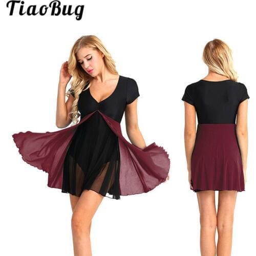 TiaoBug Women Mesh Splice Ballet Tutu Leotard Dress Stage Lyrical Dance Costumes Adult Stretchy Gymnastics Leotard Dance Wear