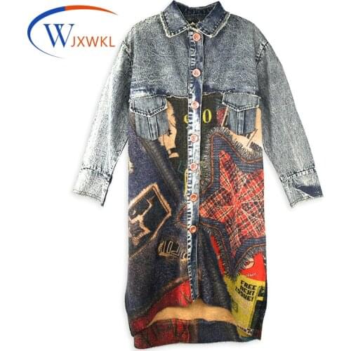 2021 Spring Autumn Street Hipster Fashion Mink-like Cashmere Denim Printed Cardigan Knitted Pattern Coat Women Jeans Outerwear