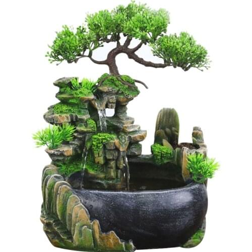 EU Plug,Indoor Simulation Resin Rockery Waterscape Feng Shui Water Fountain Home Desktop Decoration Crafts