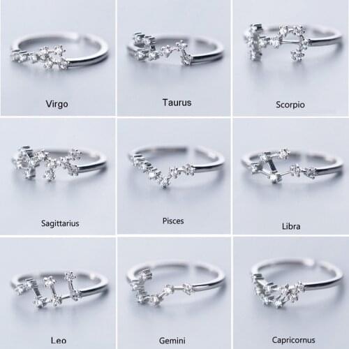 Yungqi 12 Constellations Zodiac Sign Finger Rings for Women Girls Birthday Cubic Zirconia Adjustable Ring Silver Color Jewelry