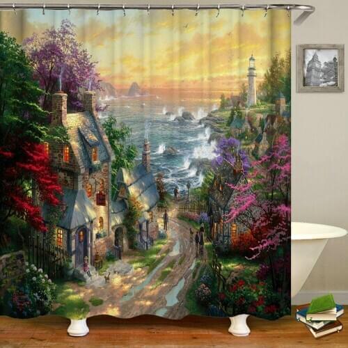 Landscape Shower Curtains Farm Manor Lighthouse Oil Painting Scenery Bathroom Decor Waterproof Polyester Cloth Hanging Curtain