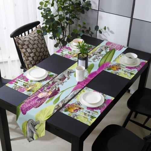 Plant Animal Elephant Flower Table Runner Holiday Kitchen Dining Table Runners Place Mats Set for Home Party Decor