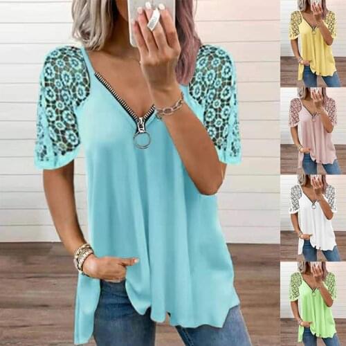 Summer Lace Stitched Short Sleeve Tshirt Solid Color Loose Tops Women Vintage Zipper Casual T-shirt Lady Streetwear Pullover
