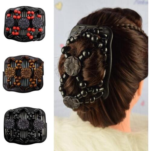 Women Retro Pearl Beads Elastic Hair Combs Double Slide Magic Bun Diy Hairstyle Making Tool Metal Novelty Hair Clip Accessories