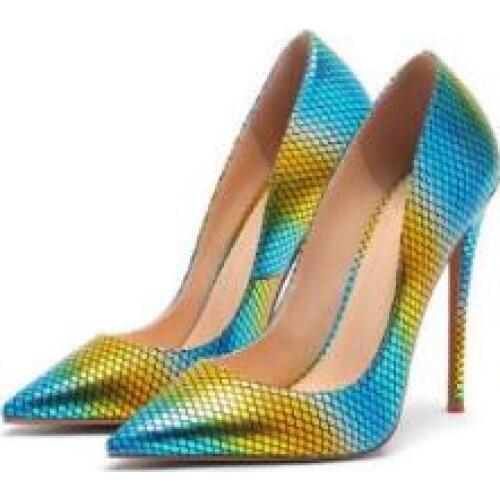 Novelty Patchwork Office Dress Shoes Sexy Pointed Toe Mixed Color Snake Leather Pumps Hot Sale Thin Heel Lady Shoes Party Heels