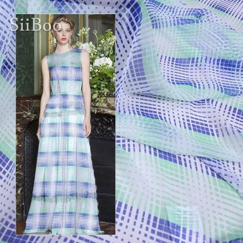 French elegant green blue plaid printed comfortable 12mm 100% pure silk organza fabric for women summer dress scarf telas SP6143