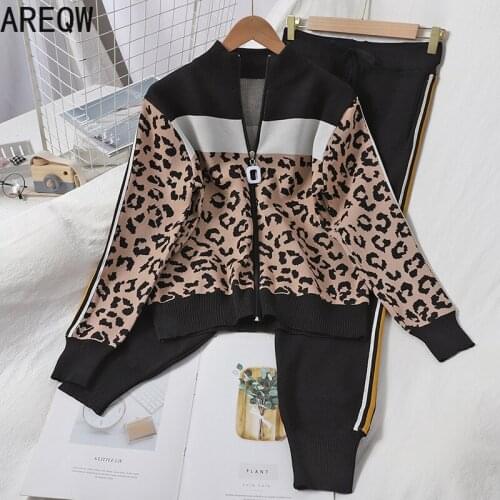 2021 new Autumn Spring Womens Tracksuit Set Print Leopard Knitted Two Piece Sets Suit Womens Fashion