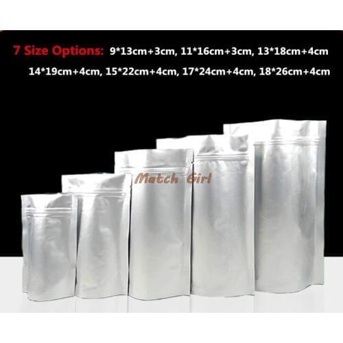 100pcs/lot- 7 sizes options Aluminum Foil Stand Up Bag Zipper Seal Packaging Bags Food Sample Tea Candy Party Gift Bags