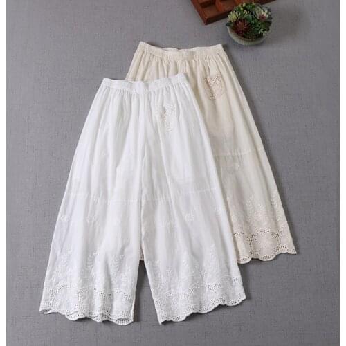 2021 New Spring Summer Women Pants Mori Girl Lace Cotton Embroidery Hollow out Wide Leg Pants