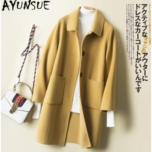 AYUNSUE 2020 New Wool Coat Female Spring Fall Double-sided Long Coat Black Yellow Jacket Korean Ladies Coats 0714 KJ2394